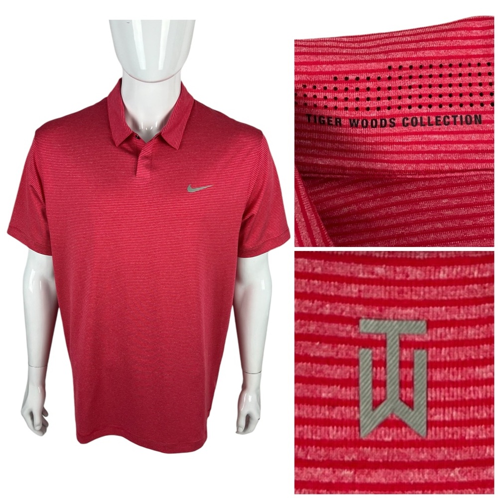 NIKE x TIGER WOODS Mens Large Polo Shirt Snap Red Striped Golf Wicking EUC